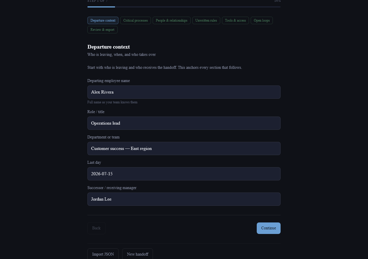 Employee Handoff Kit wizard — Who's leaving and who takes over